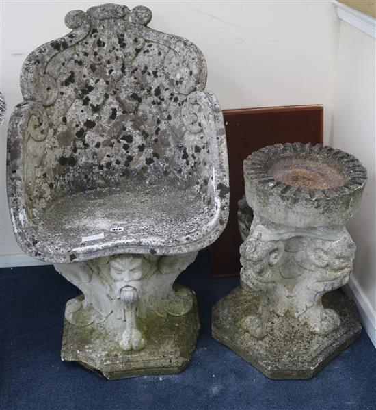 A garden seat and a birdbath W.53cm